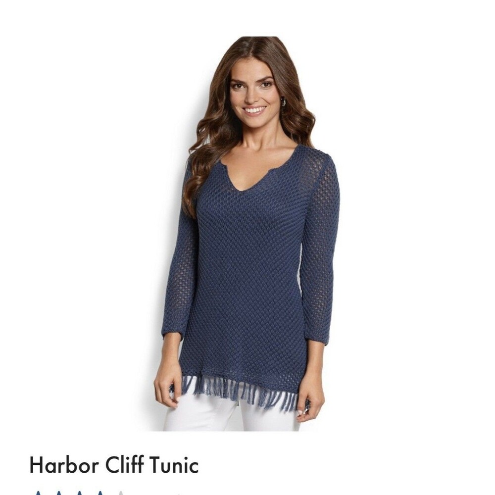 Tommy Bahama Women L Harbor Cliff Tunic Sweater 3/4 Sleeve Wool Blend Fringe Hem